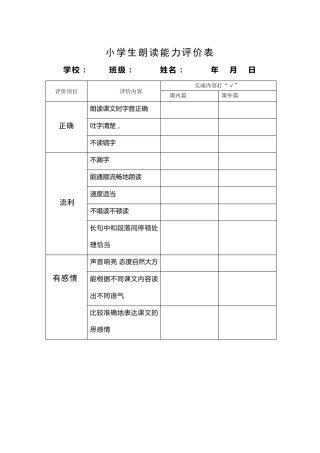 小学生朗读能力评价表