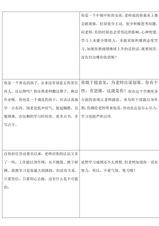 小学生素质报告册标准评语表格