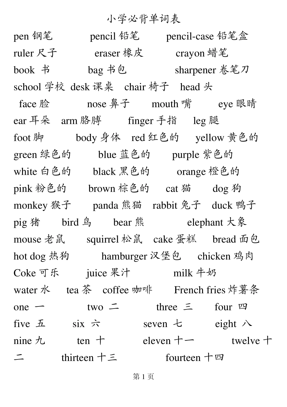 小学生英语必背单词表_[全已排版可打印]_第1页