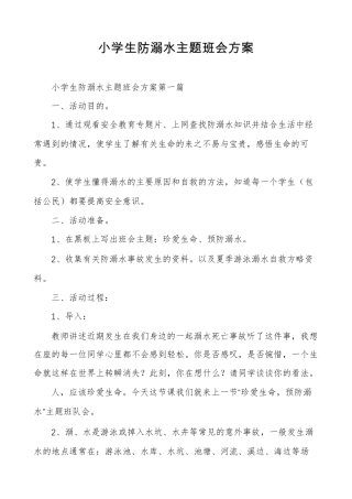 小学生防溺水主题班会方案