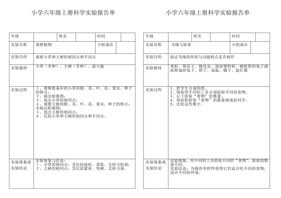 小学科学六年级上册实验报告单_第1页
