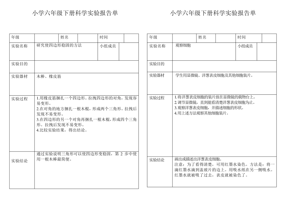 小学科学六年级下册实验报告单_第2页
