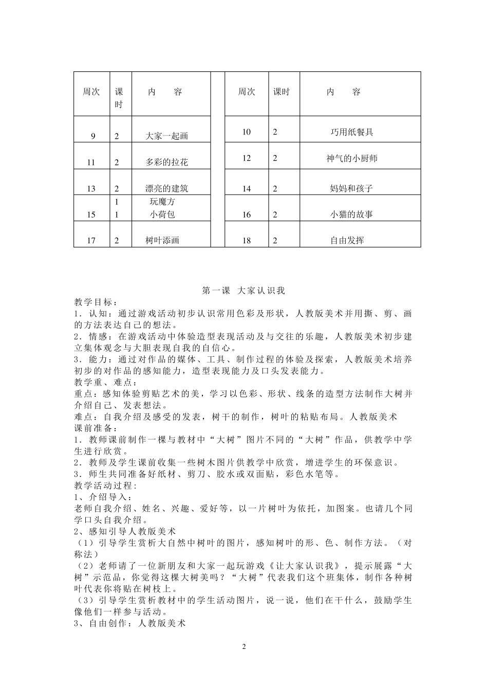 小学美术一年级上册教学计划_第2页