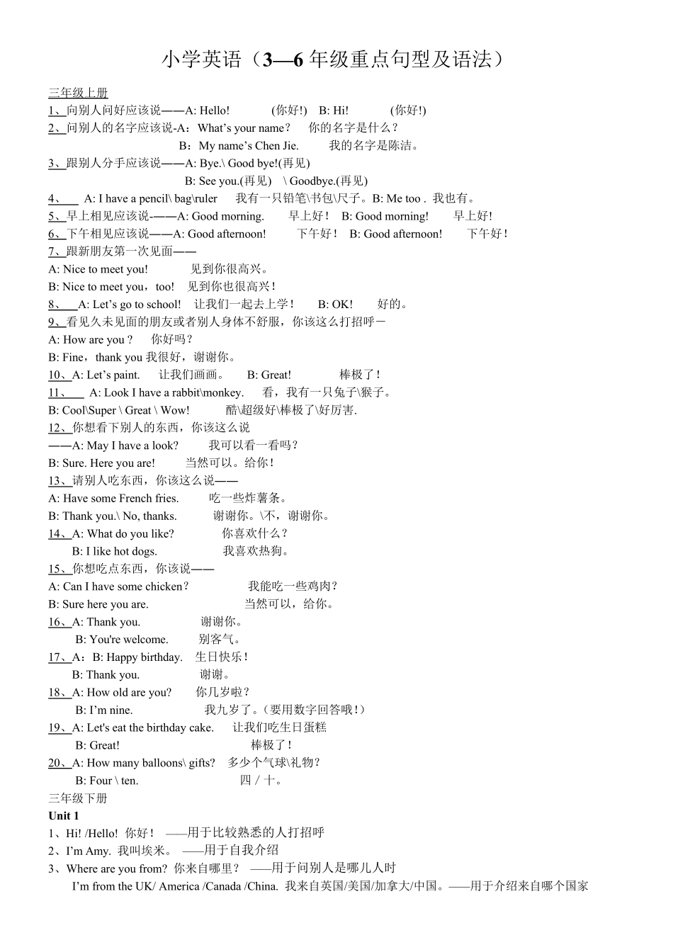 小学英语(3—6年级重点句型及语法)_第1页