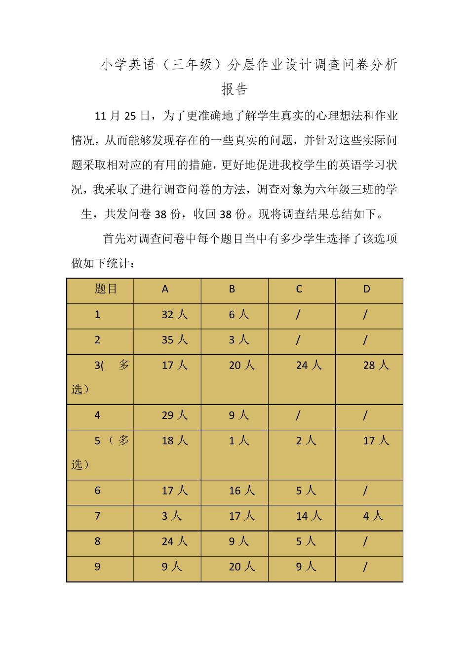 小学英语(三年级)分层作业设计调查问卷分析报告_第1页