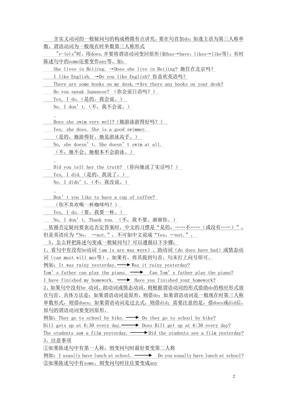 小学英语一般疑问句和特殊疑问句知识精讲_第2页