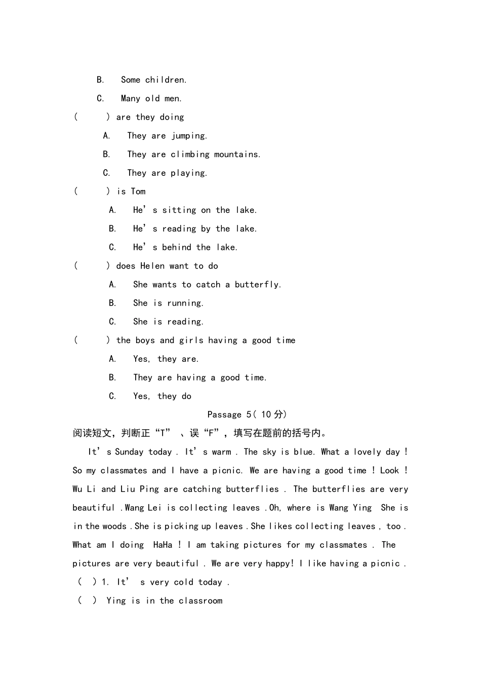 小学英语五年级下册阅读理解专题训练_第3页