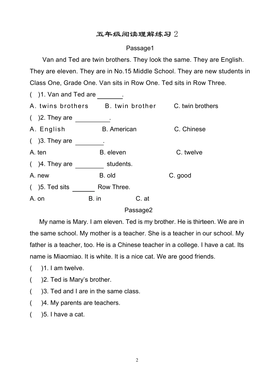 小学英语五年级阅读理解练习题_含答案_第2页