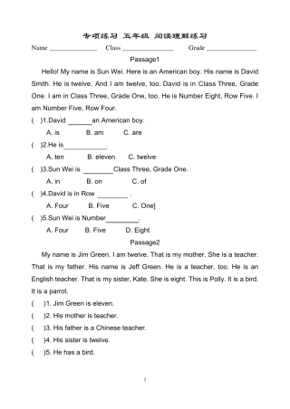 小学英语五年级阅读理解练习题_含答案
