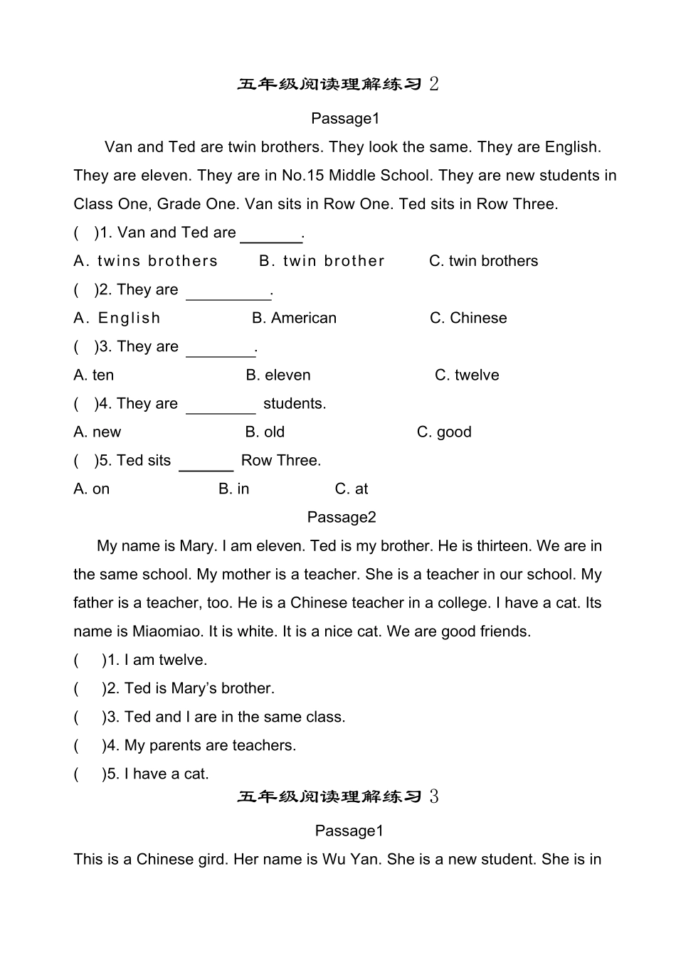 小学英语五年级阅读理解练习题含答案_第2页
