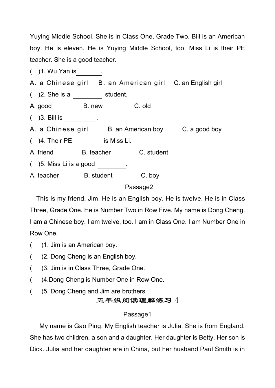 小学英语五年级阅读理解练习题含答案_第3页