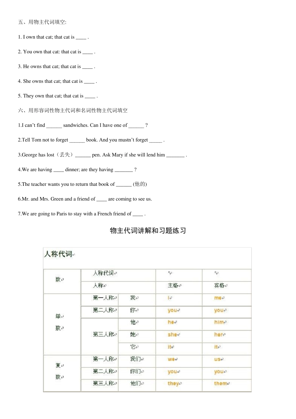 小学英语人称代词练习题_第2页