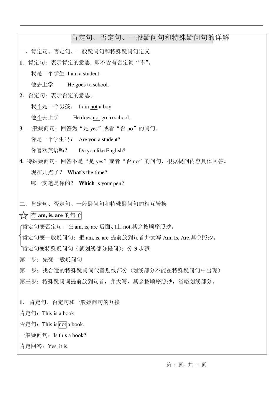 小学英语四种基本句型肯定句、否定句、一般疑问句与特殊疑问句_第1页