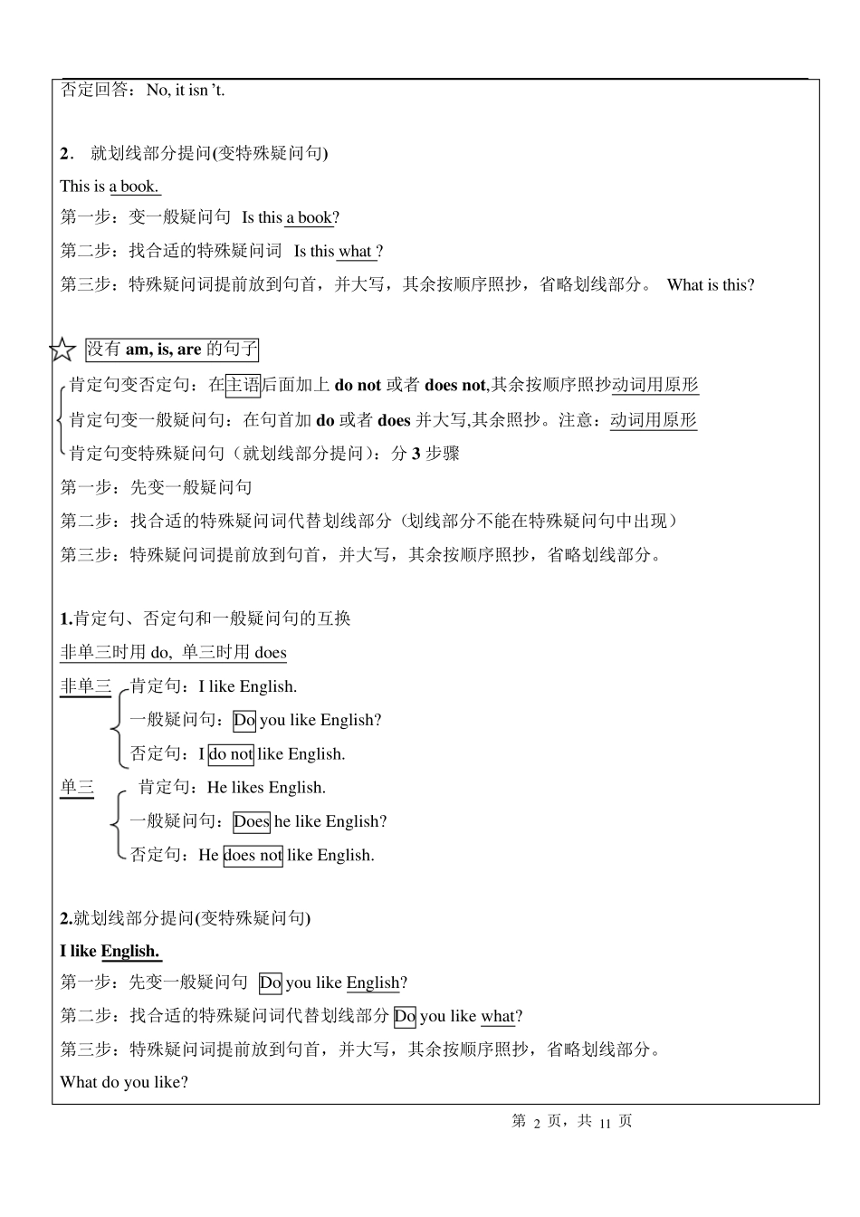 小学英语四种基本句型肯定句、否定句、一般疑问句与特殊疑问句_第2页