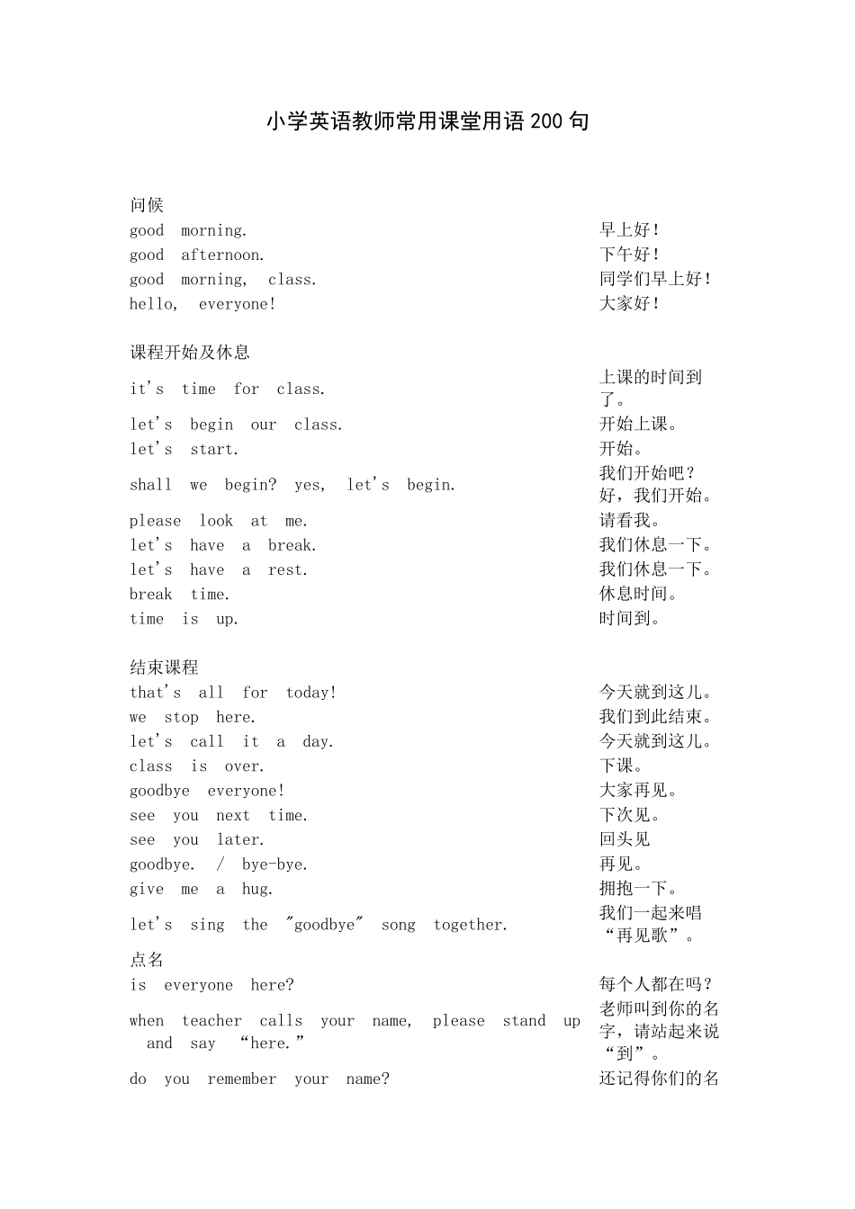 小学英语教师常用课堂用语200句_第1页