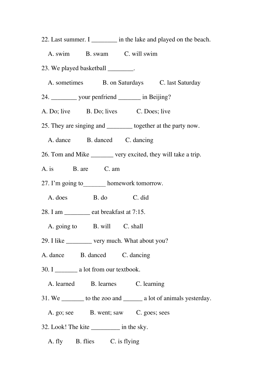 小学英语时态综合练习附答案_第3页