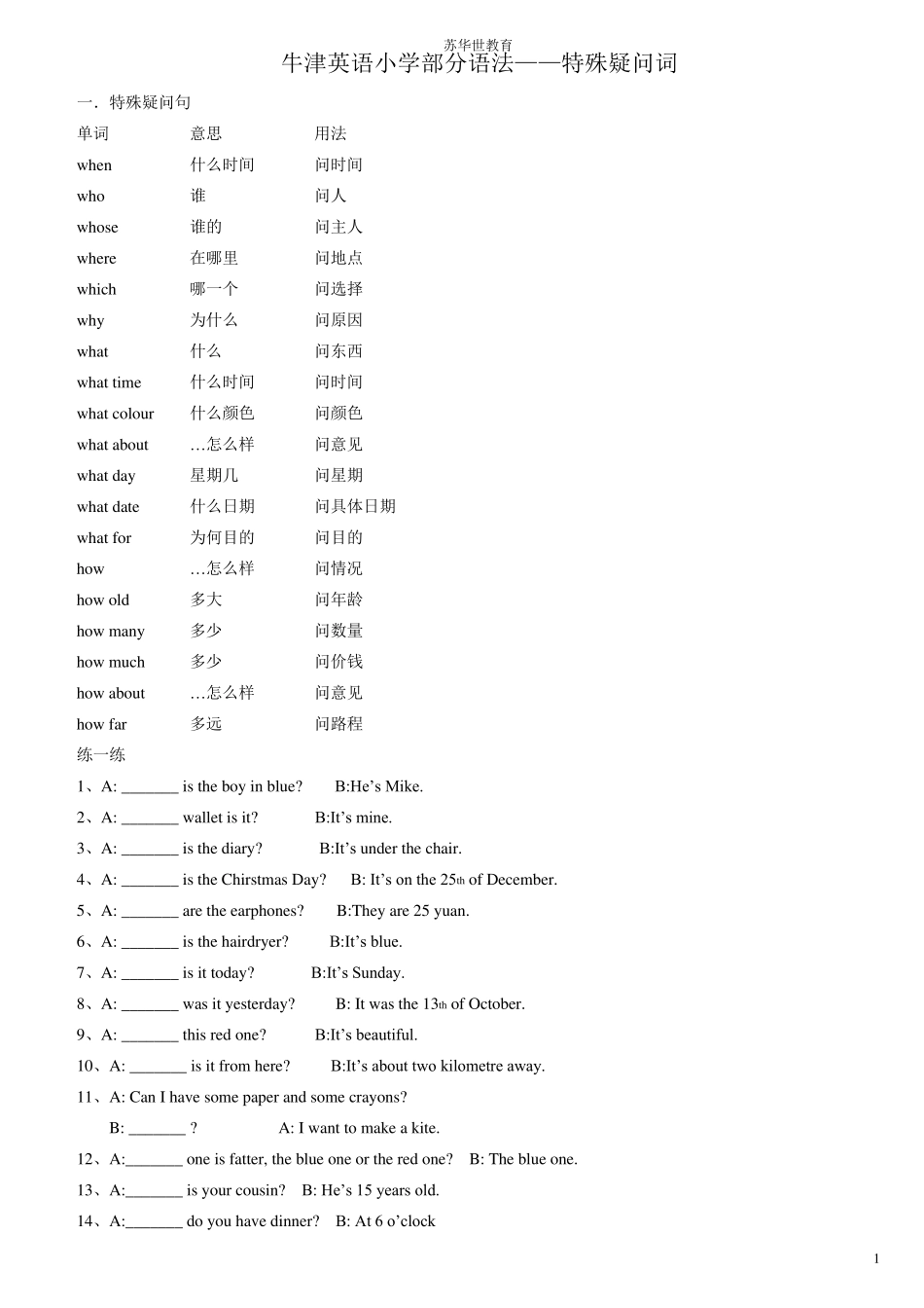 小学英语特殊疑问句练习_第1页