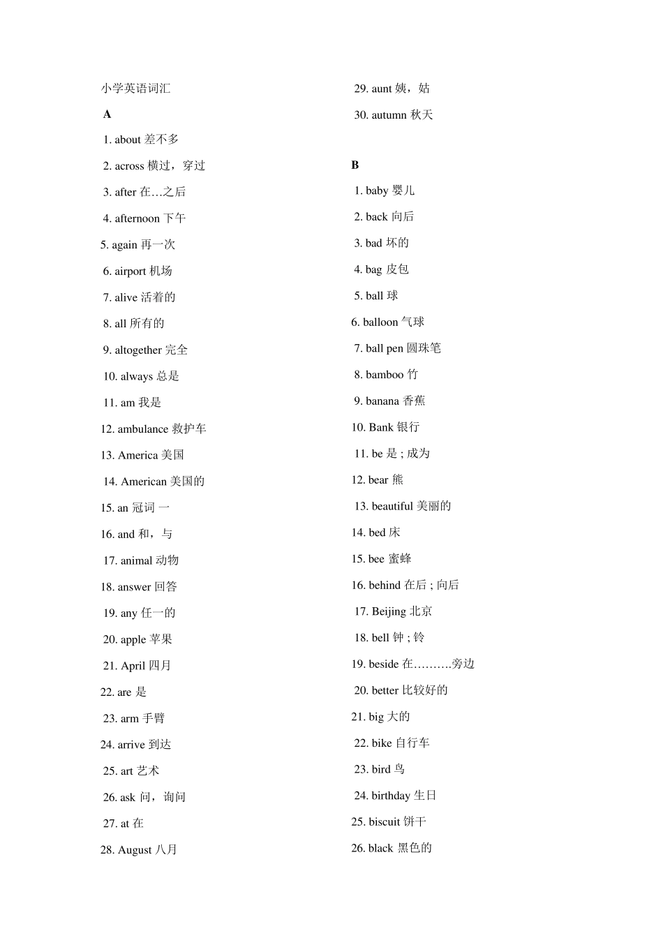 小学英语词汇A至Z_第1页