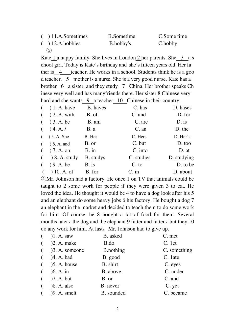 小学英语阅读理解完型填空_第2页