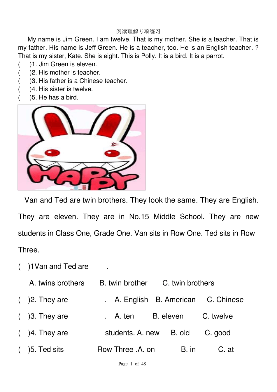 小学英语阅读理解题_第1页