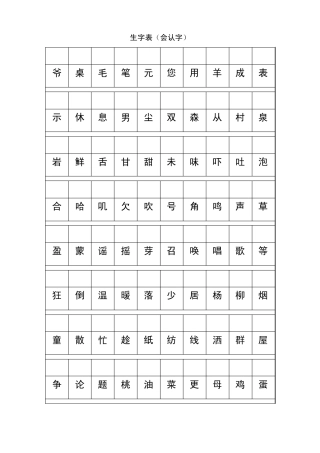 小学语文S版一年级下会读生字表
