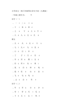 小学语文一到六年级带注音生字表