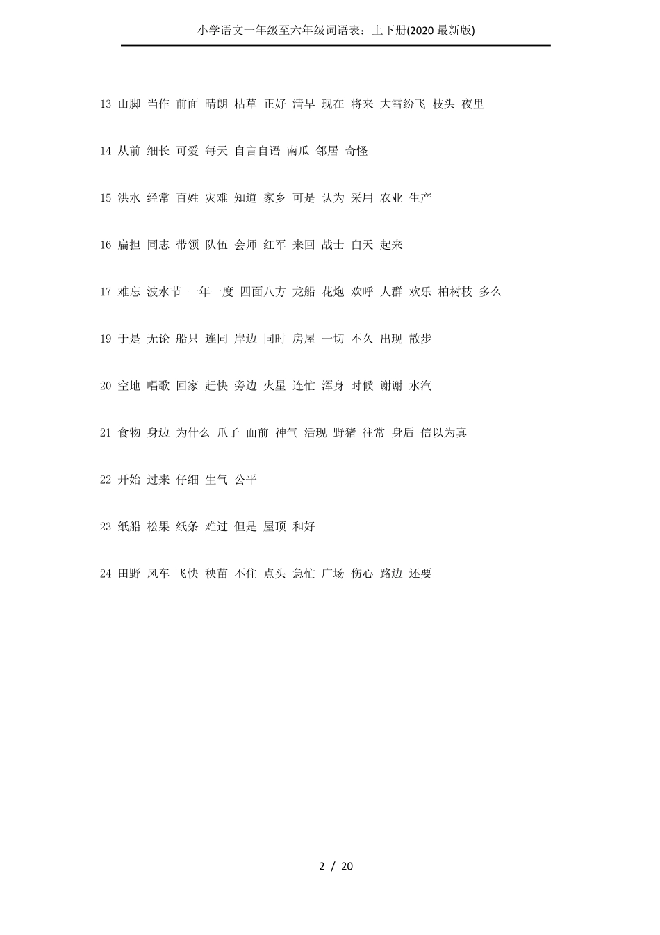 小学语文一年级至六年级词语表：上下册(2020最新版)_第2页