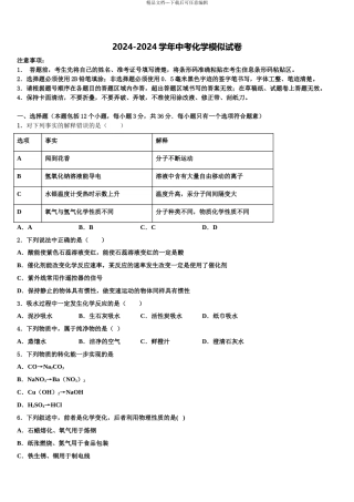 2024年江苏省南京市浦口外国语校中考化学模试卷含解析
