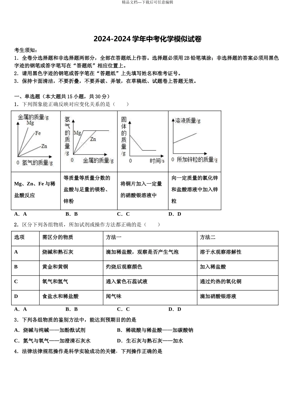 2024年江苏省南京市秦淮区四校联考中考化学仿真试卷含解析_第1页