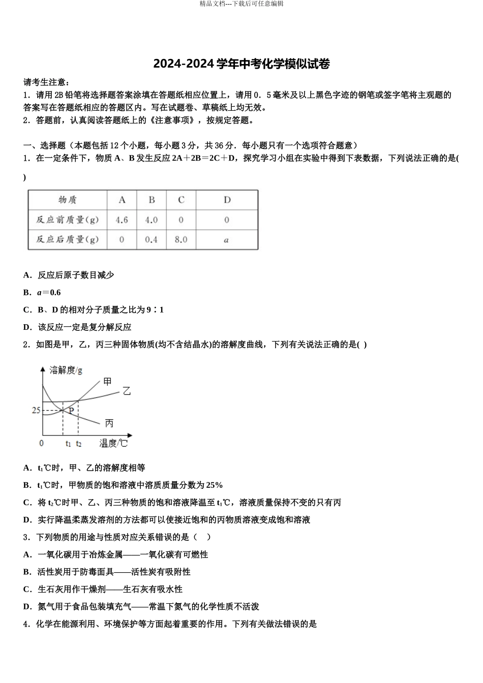 2024年江苏省南师大附中树人校中考三模化学试题含解析_第1页
