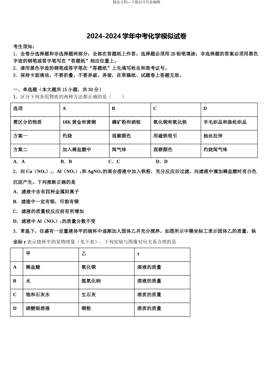 2024年江苏省苏州市高新区第四中学中考化学考试模拟冲刺卷含解析_第1页