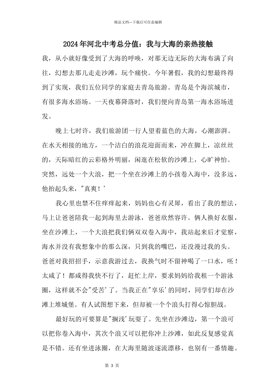 2024年河北中考满分：我与大海的亲密接触_第1页