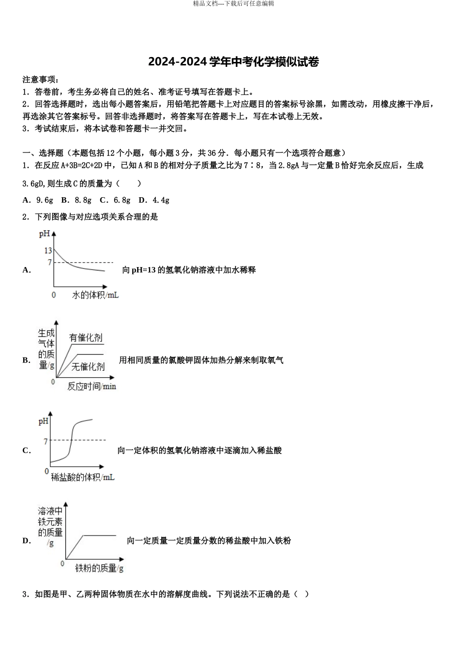 2024年河北省故城县市级名校中考化学最后冲刺浓缩精华卷含解析_第1页
