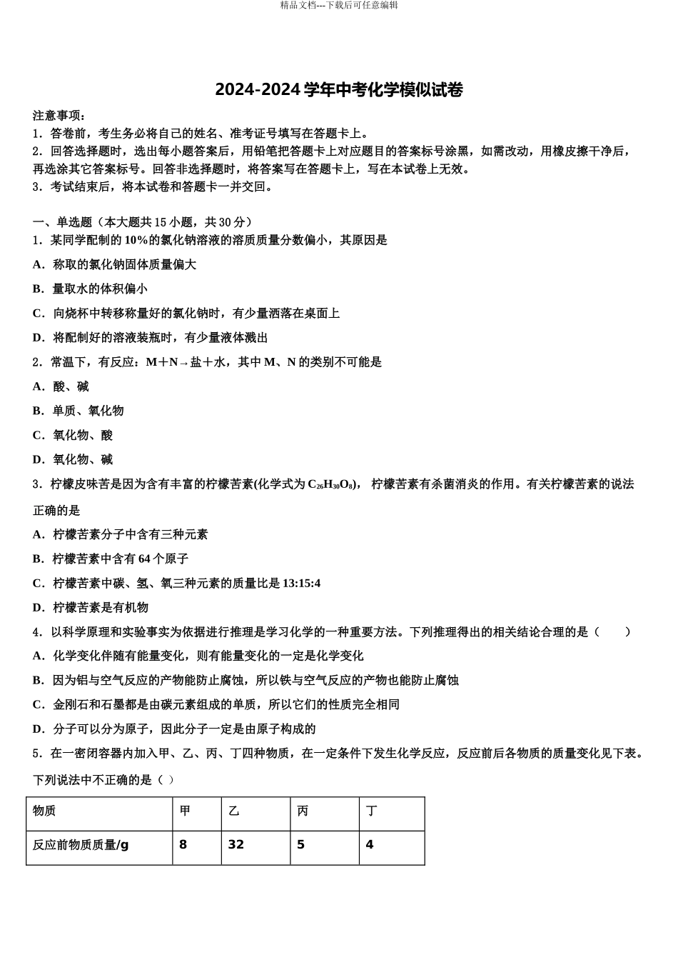2024年河北省衡水市故城县中考化学考试模拟冲刺卷含解析_第1页