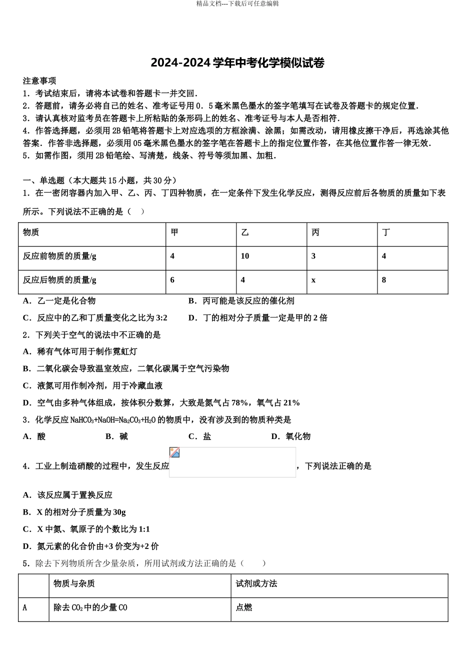 2024年河南洛阳伊川中考化学模拟预测题含解析_第1页