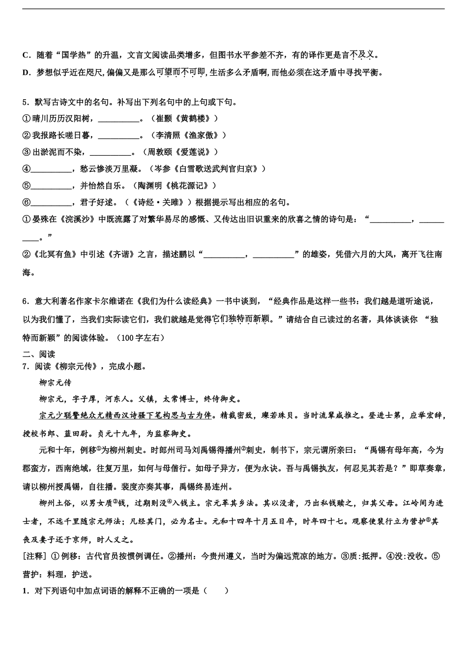 2024年河南省洛阳市伊川县市级名校中考语文适应性模拟试题含解析_第2页