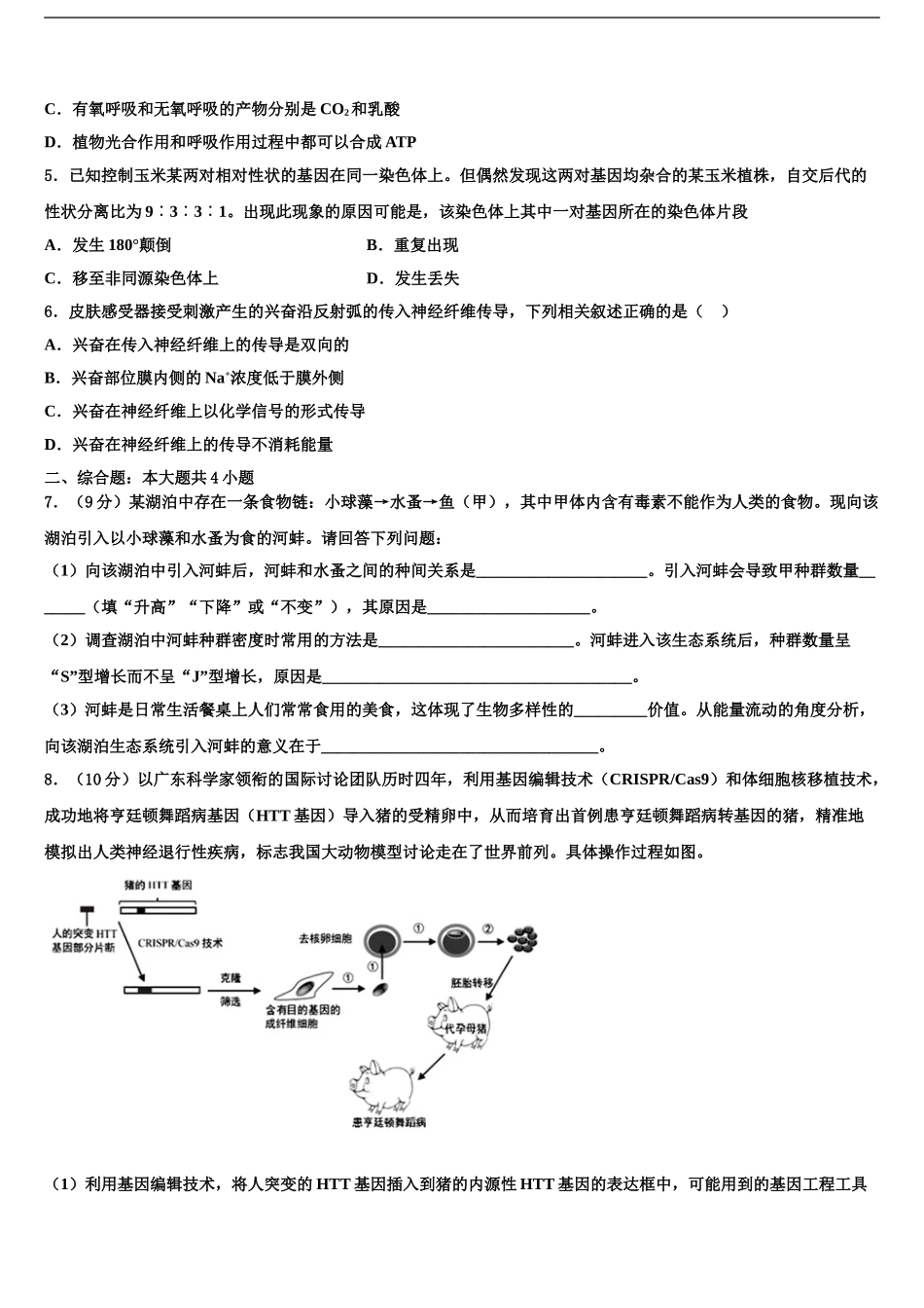 2024年河南省登封市外国语中学高三下学期一模考试生物试题含解析_第2页