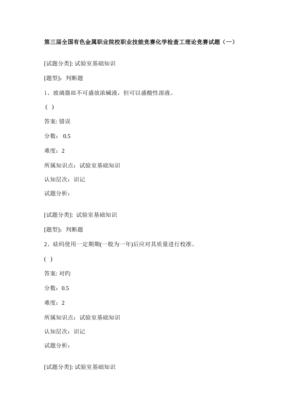 2025年有色金属职业院校职业技能化学检验工理论竞赛试题目一_第1页