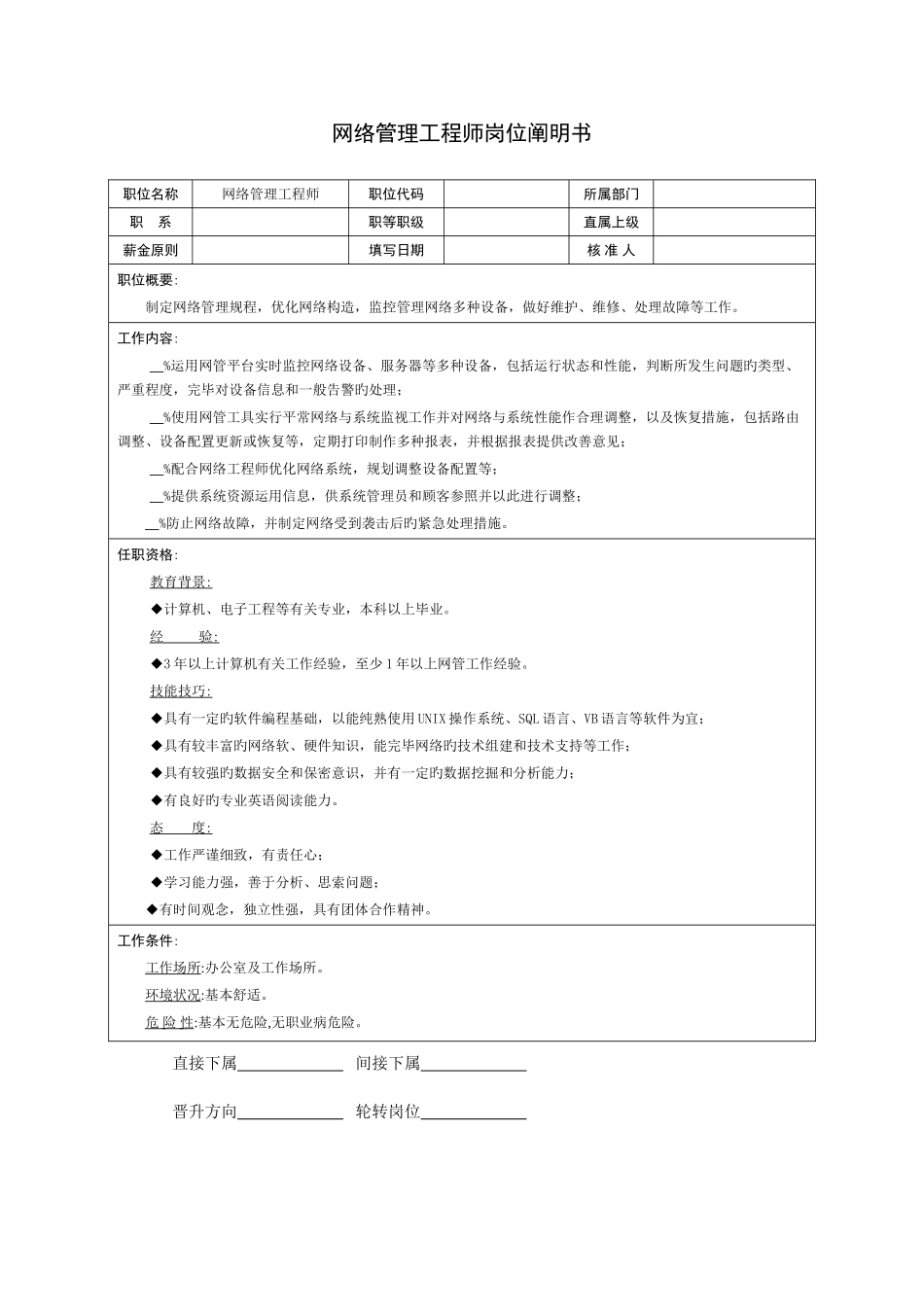 2025年技术部网络工程师岗位说明书_第1页