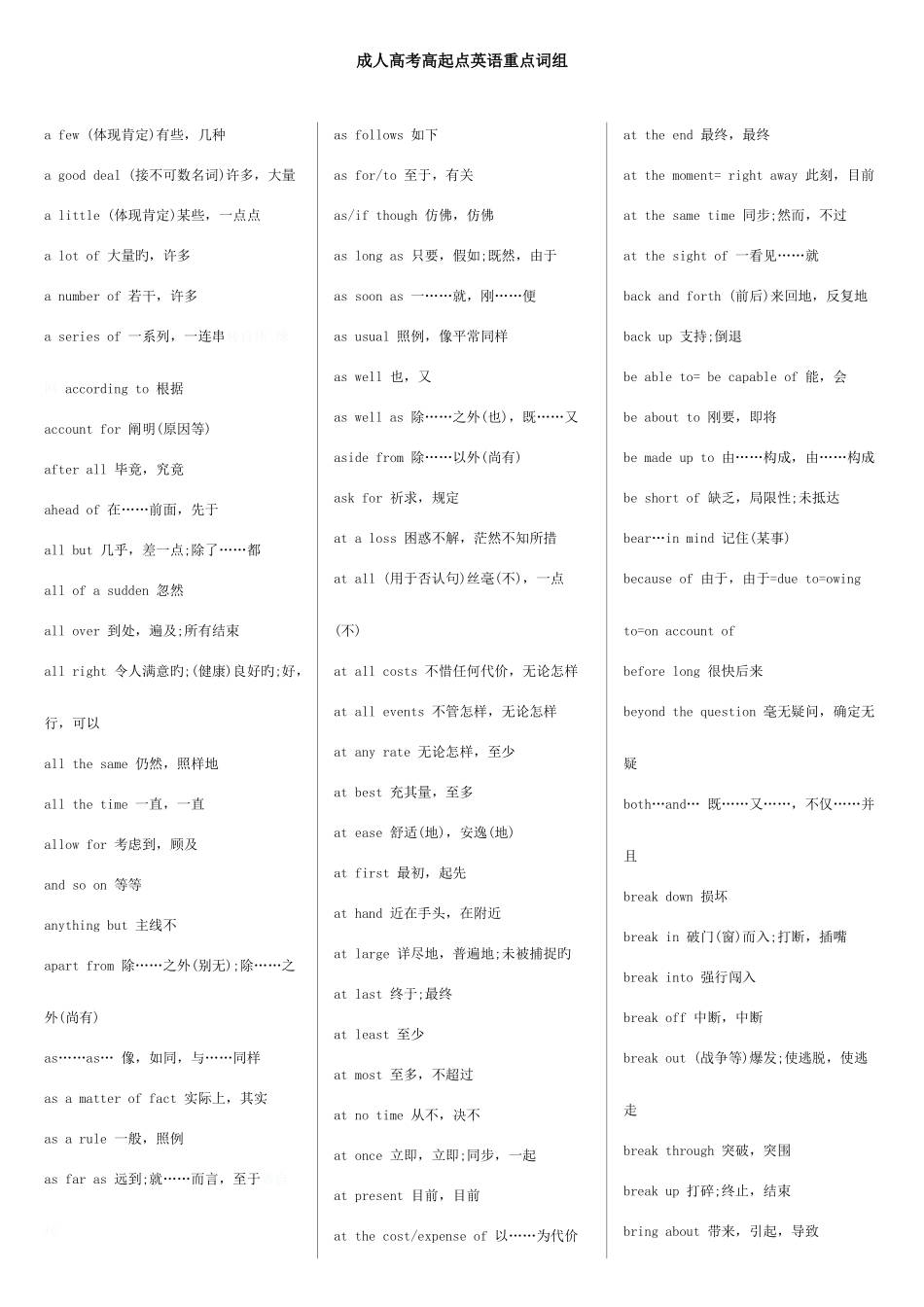 2025年成人高考英语重点词组_第1页