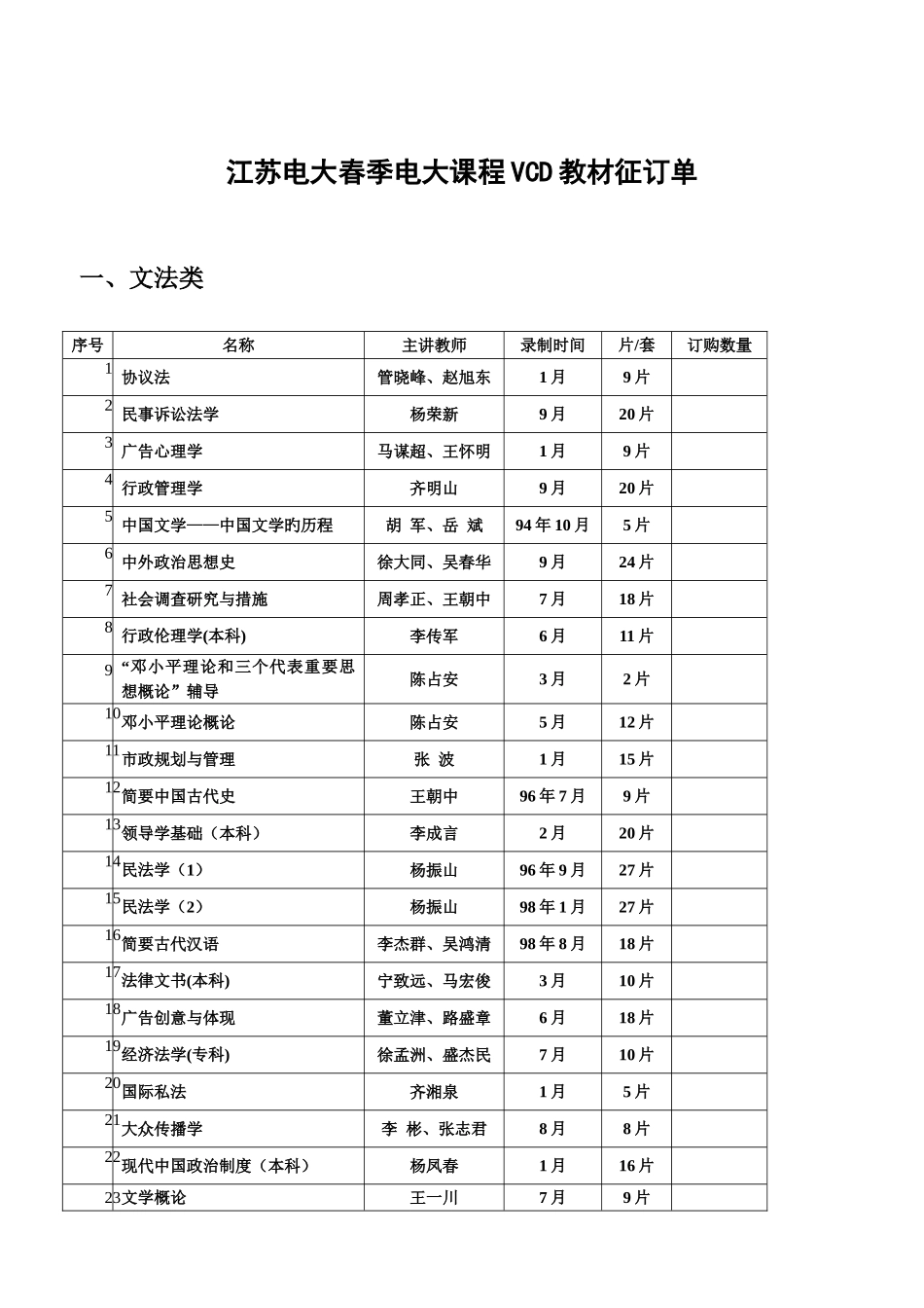 2025年江苏电大春季电大课程VCD教材征订单_第1页