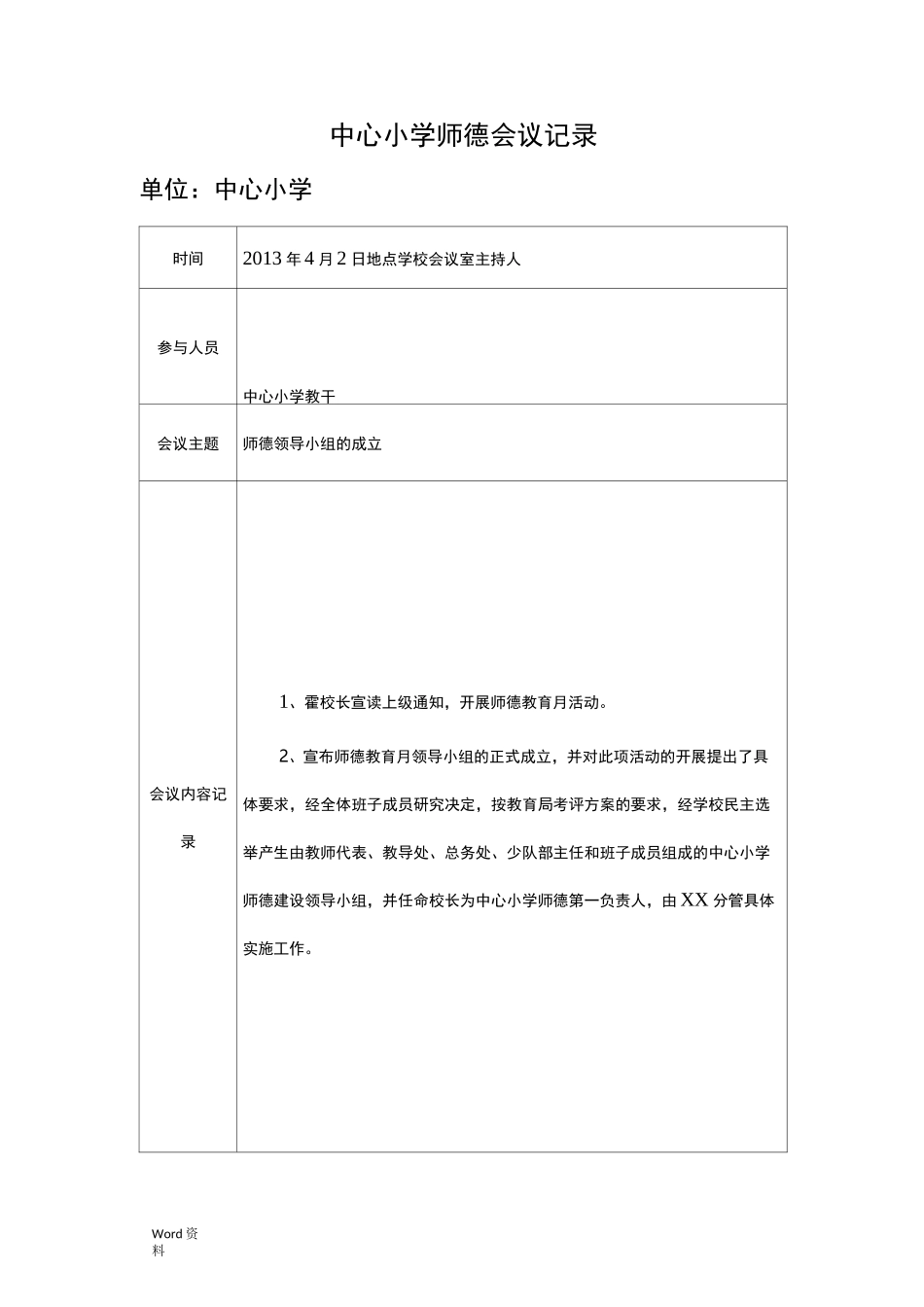 中心小学师德会议记录_第1页