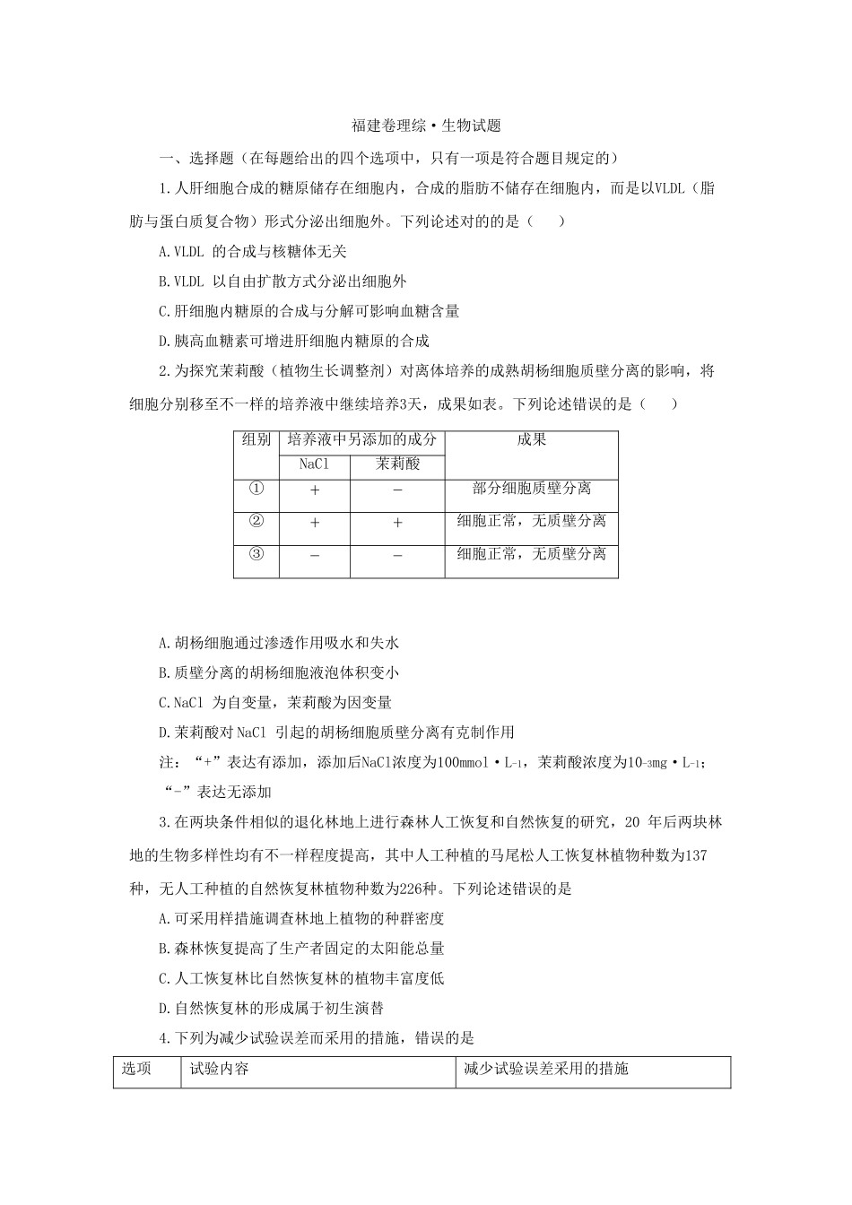 2025年高考生物真题福建卷_第1页