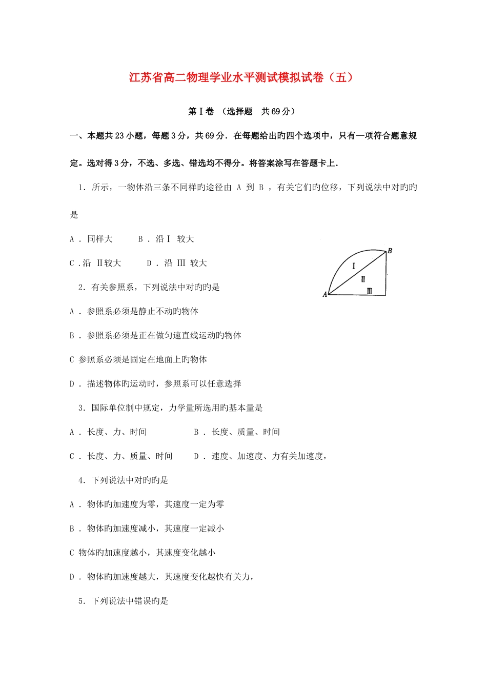 2025年江苏省高二物理学业水平测试模拟习题五_第1页