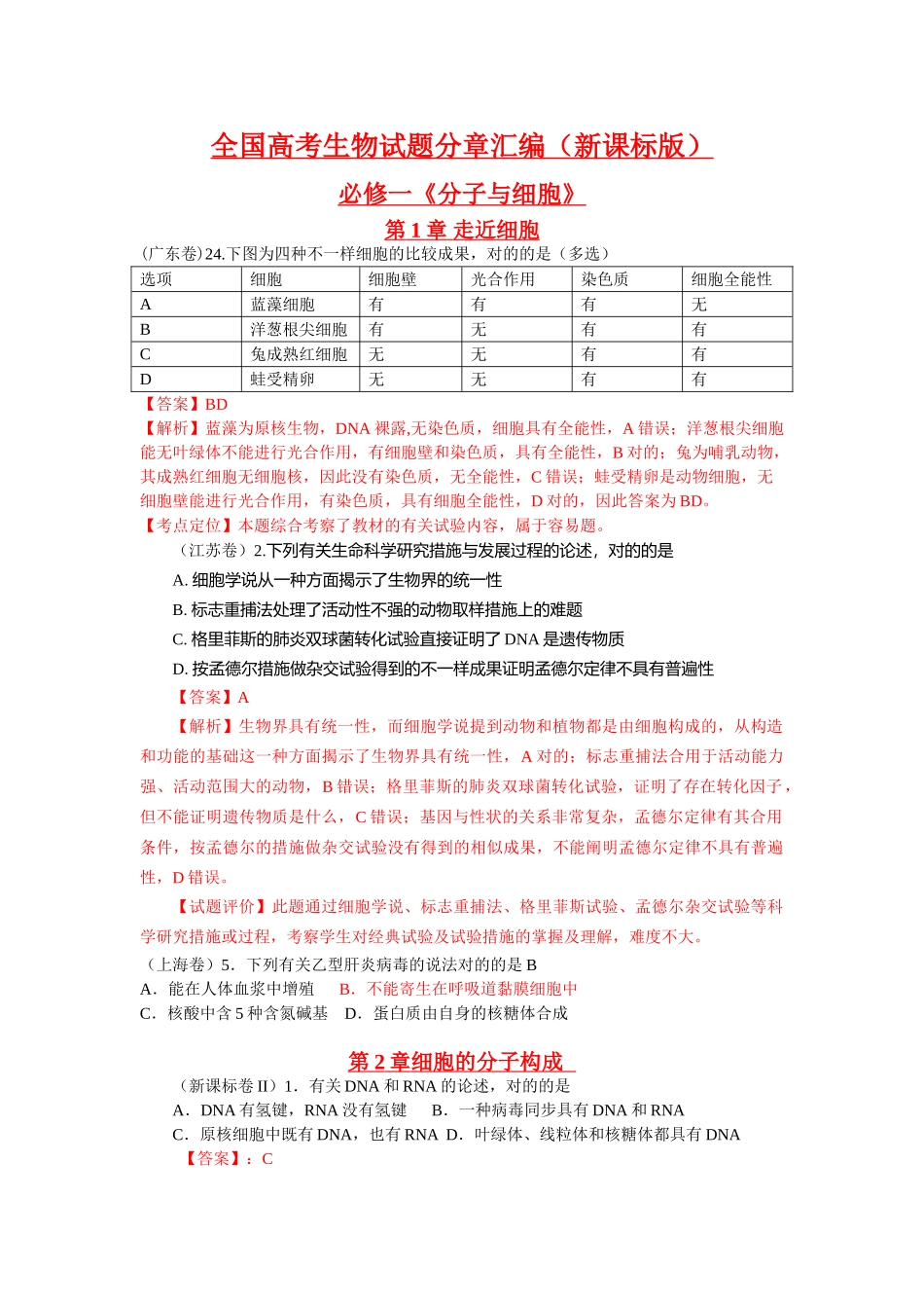 2025年高考真题生物试题分章汇编含解析必修一分子与细胞走近细胞_第1页