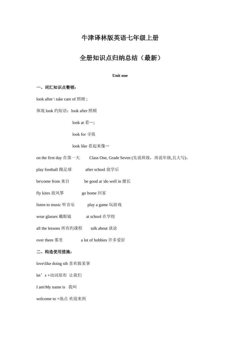 2025年牛津译林版英语七年级上册分单元知识点归纳总结_第1页