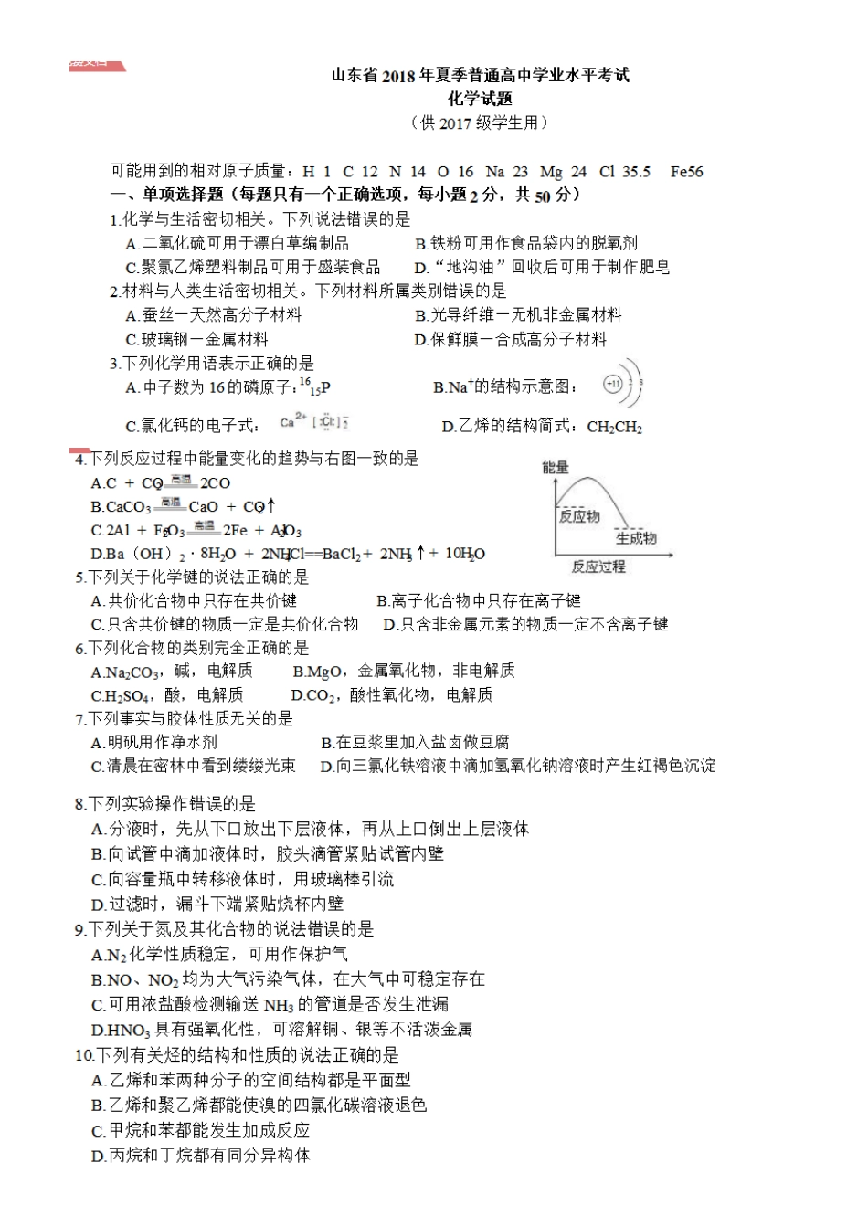 2025年山东高中化学会考真题_第1页