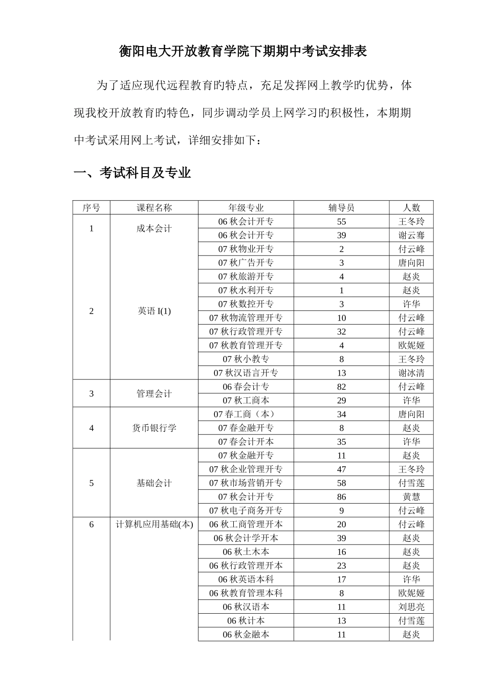 2025年衡阳电大开放教育学院下期期中考试安排表_第1页