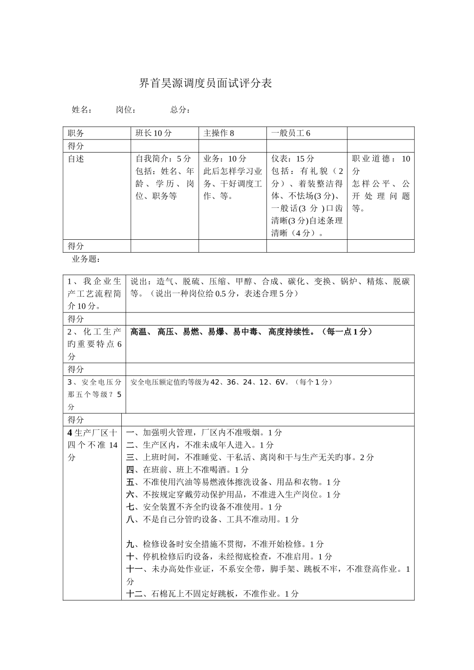 2025年调度员面试评分表_第1页