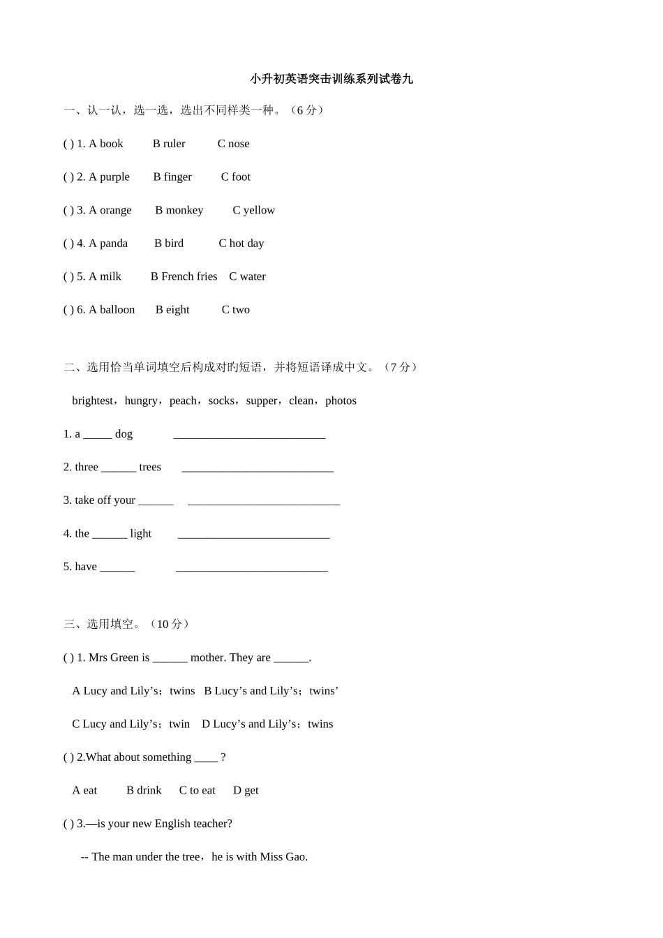 2025年小升初英语突击训练系列试卷九含答案_第1页